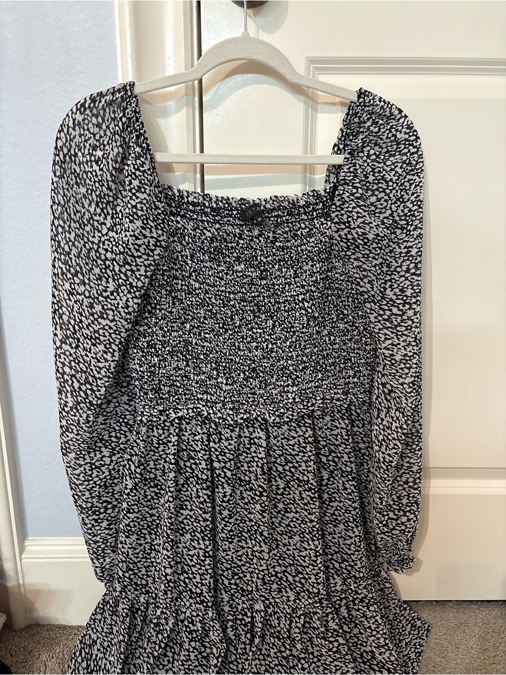 Smocked Square-Neck Long Sleeve Dress in Black & White